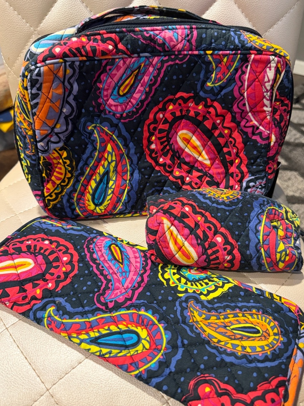 Vera Bradley Quilted Paisley Cosmetic Bag Set in Black, Pink, Yellow, Blue
